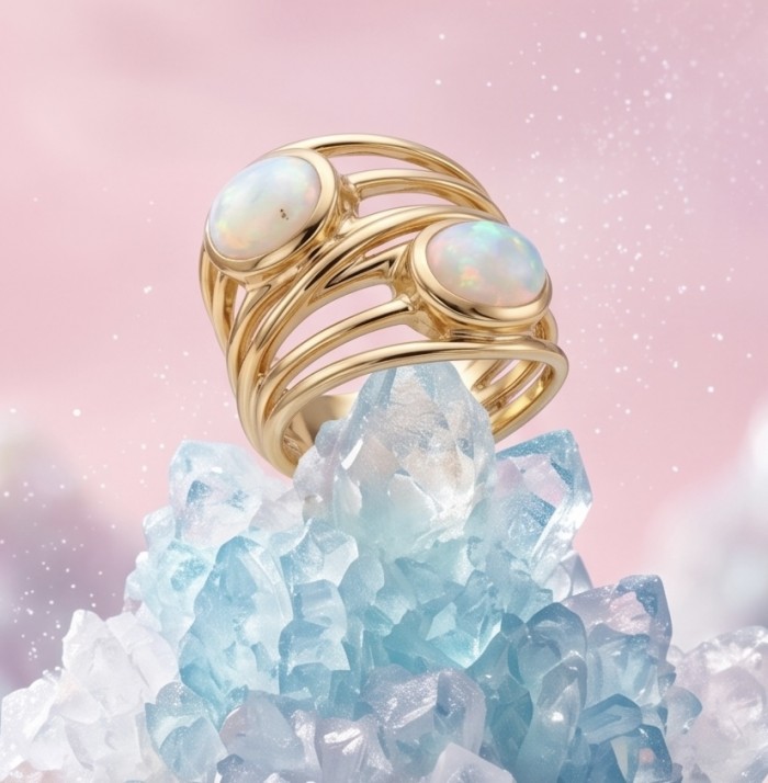 Golden Galaxy Genuine 5.8 carat Ethiopian Opal 14K Gold over .925 Sterling Silver handmade Ring size 7 - Opal gold ring on crystals, front view against pink background