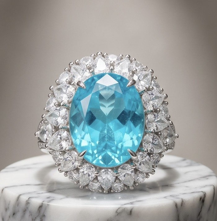 Gabriella 14.2 carat authentic Paraiba Tourmaline rhodium over .925 Sterling Silver handcrafted Statement Ring size 9 1/4 - Close-up of Gabriella 14.2 carat Paraiba Tourmaline ring on marble stand