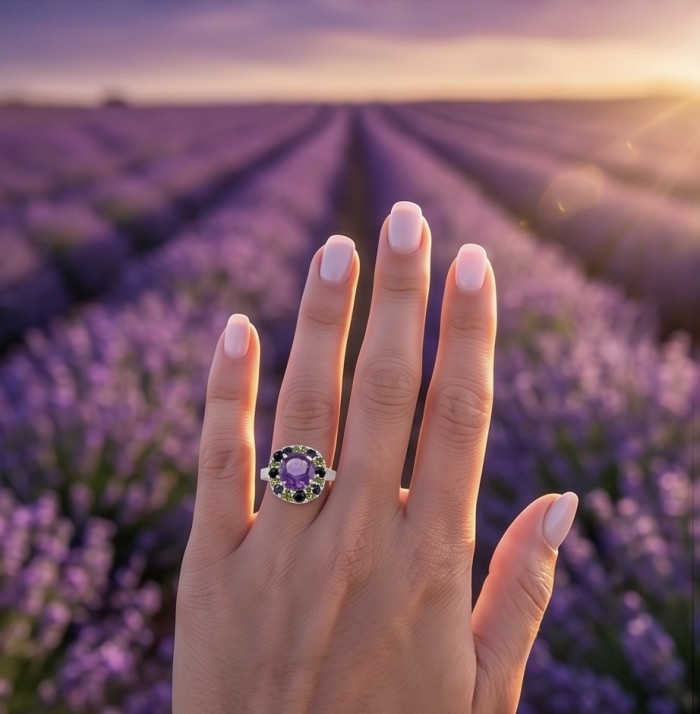 Francesca Genuine 7.7 carat Brazilian Amethyst rhodium over .925 Sterling Silver handcrafted Statement Ring size 8 1/4 - photo 1