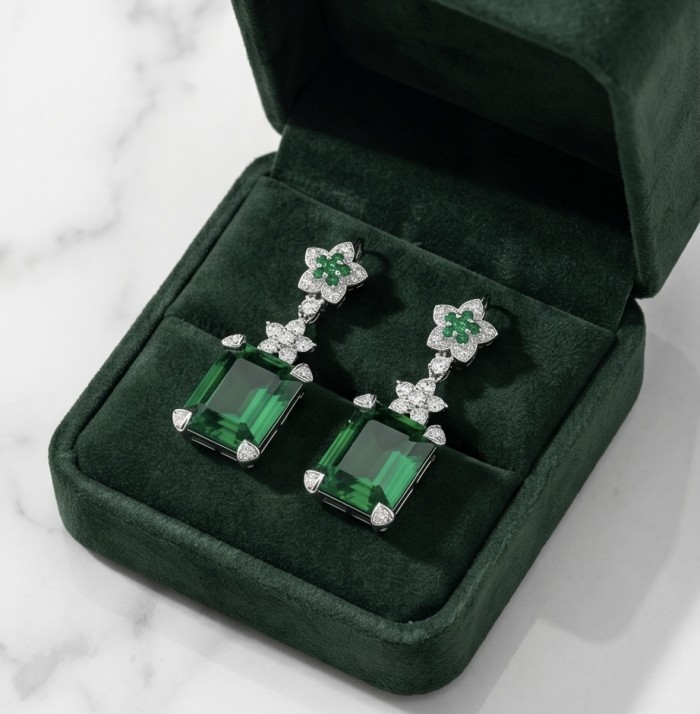 Spectaculat 12.5 carat Tsavorite Garnet .925 Sterling Silver handcrafted earrings - Elegant green tsavorite garnet earrings in open velvet box, top view.