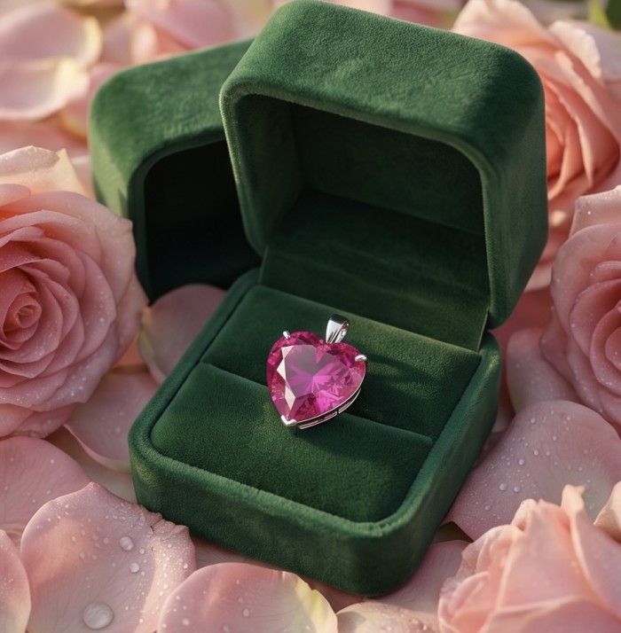 Angel's Heart Luxurious 26.8 carat Pink Sapphire .925 Sterling Silver handcrafted pendant - Heart-shaped pink sapphire pendant in green box with roses around.