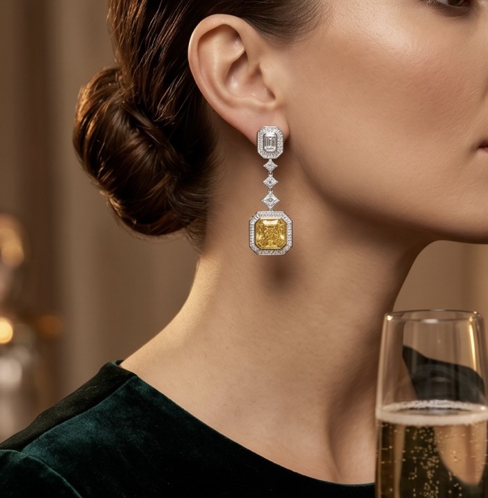 Art Deco - Luxurious assher cut 20.5 carat Yellow Sapphire 18K Gold over .925 Sterling Silver handcrafted earrings - Side view of yellow sapphire earrings worn with hair in an elegant bun