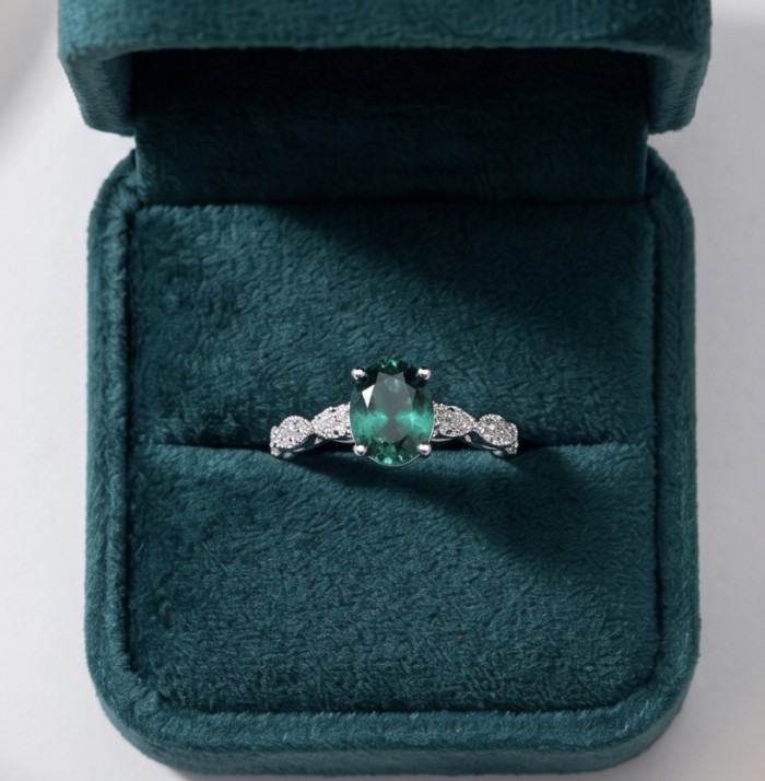 Authentic 3.8 carat CHROME Diopside .925 Sterling Silver handcrafted Ring size 7 - Emerald ring in teal box, front view.