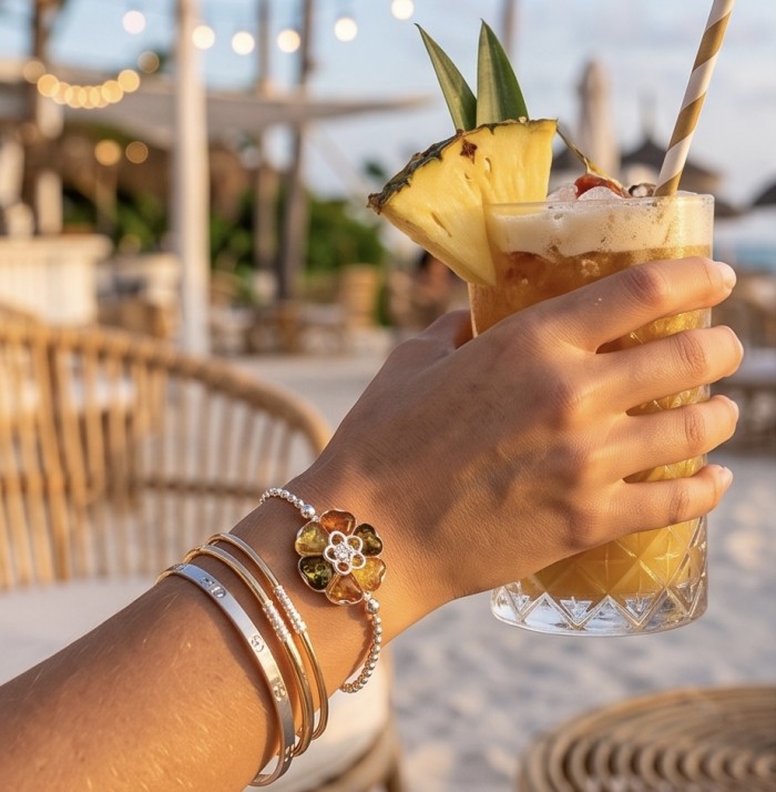 Excellent quality Baltic Amber .925 Sterling Silver entirely handcrafted Bracelet - Worn on hand, amber and silver bracelet with tropical drink