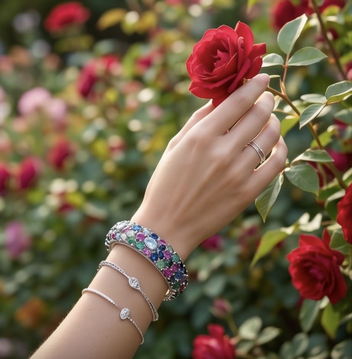 Tiffany - Authentic 62.2 carat Swiss Blue Topaz .925 Sterling Silver handcrafted Statement bangle Bracelet - Jewelry worn on hand with a red rose background; features bracelets and ring.
