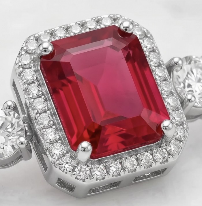 Art Deco - Crimson Royalty 10.2 carat Ruby .925 Sterling Silver .925 Sterling Silver Statement Bracelet - Close-up of Art Deco Crimson Royalty ruby in sterling silver setting