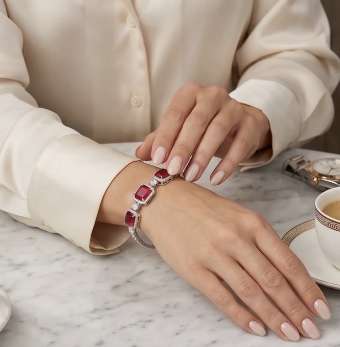 Art Deco - Crimson Royalty 10.2 carat Ruby .925 Sterling Silver .925 Sterling Silver Statement Bracelet - Ruby bracelet worn on wrist with coffee, marble table setting.