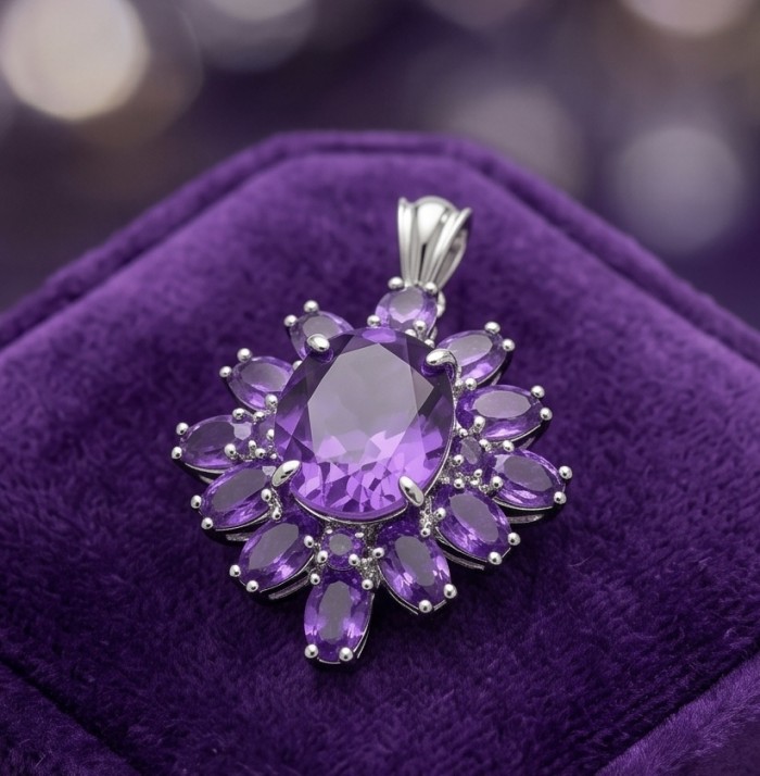 Authentic 12.5 carat Brazilian Amethyst rhodium over .925 Sterling Silver handcrafted Statement Pendant - Close-up of Brazilian Amethyst pendant on a purple velvet surface.