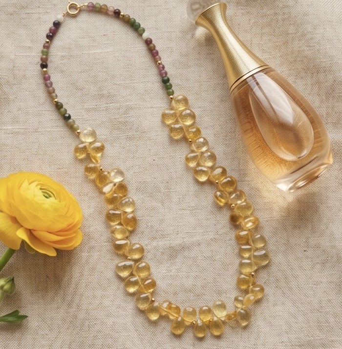 Francesca - briolette cut 28.8 carat Natural Brazilian Citrine TOURMALINE .925 Sterling Silver dipped in 14K Gold handcrafted necklace - Flat lay of Francesca necklace with yellow briolette citrine stones
