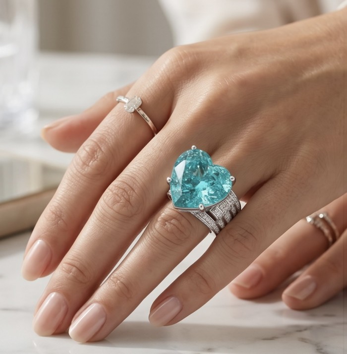 Titanic Memories - Heart 18.8 carat Green Topaz handcrafted Solid Statement Ring size 7 - photo 1