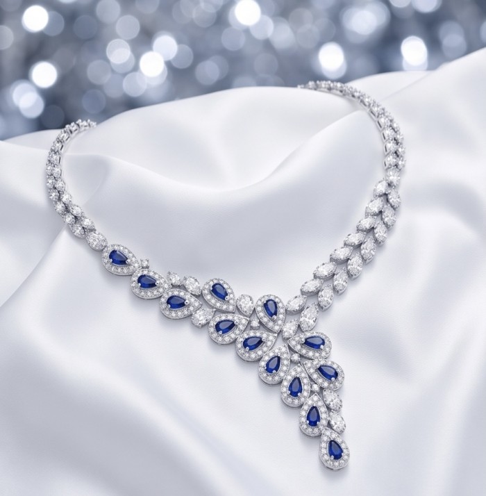 Blue Royalty art deco 8.2 carat Sapphire .925 Sterling Silver handcrafted Statement Necklace - Elegant sapphire necklace on white fabric, angled top view.