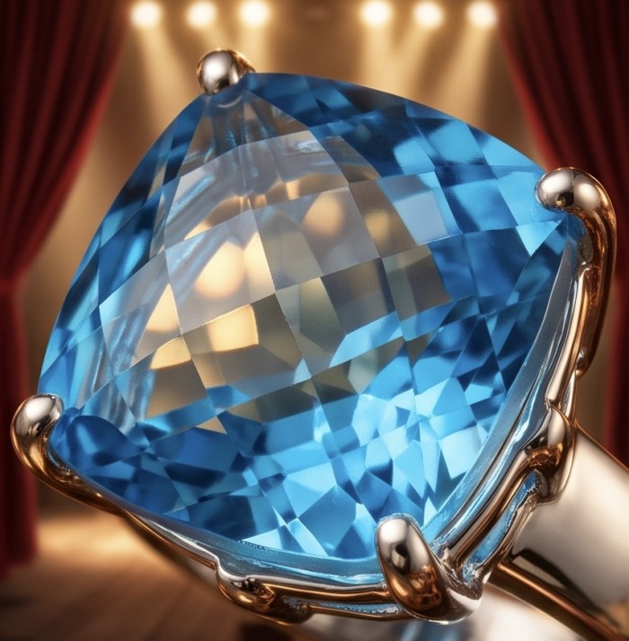 Fancy Princess cut 15.8 carat Swiss Blue Topaz .925 Sterling Silver dipped in rhodium handcrafted Large ring size 6 - Close-up of a Swiss Blue Topaz stone in .925 sterling silver setting.