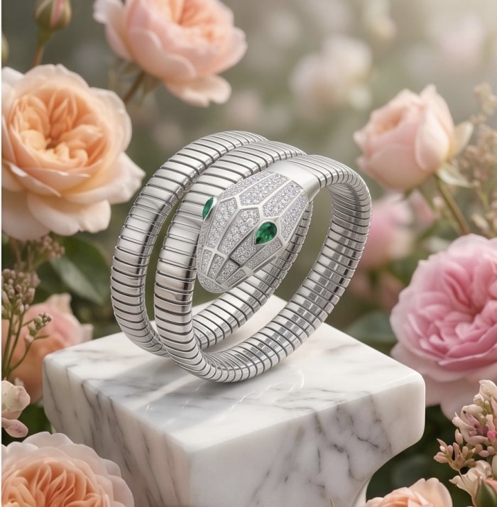 SERPENTINE Precious Snake Genuine 4.2 carat Emerald 925 Sterling Silver handcrafted Bracelet - Snake bracelet with emerald eyes on a marble block, surrounded by roses