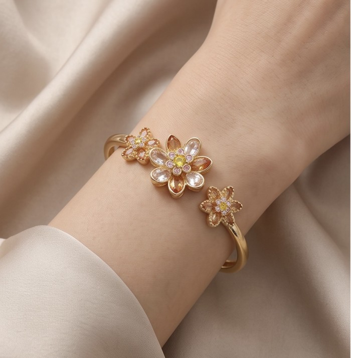 12.2 carat Blooming Garden Natural multicolot Topaz 14k Gold over .925 Sterling Silver handcrafted Statement Bracelet - Gold bracelet with floral topaz design worn on wrist, top view