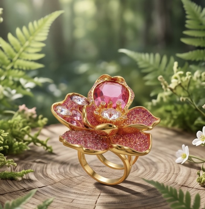 Cherry Blossom 37.5 carat Pink Topaz 14K Gold over .925 Silver handcrafted Cocktail Ring s. 8 - Cherry Blossom ring with pink topaz, front view, on wooden surface.