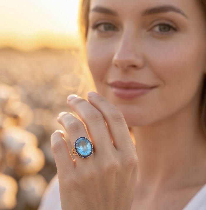 Pacifica 27.8 carat Swiss Blue Topaz 22K Gold over .925 Sterling Silver dipped in rhodium handcrafted ring size 7 1/4 - Woman wearing Pacifica Swiss Blue Topaz ring close-up in sunlight.