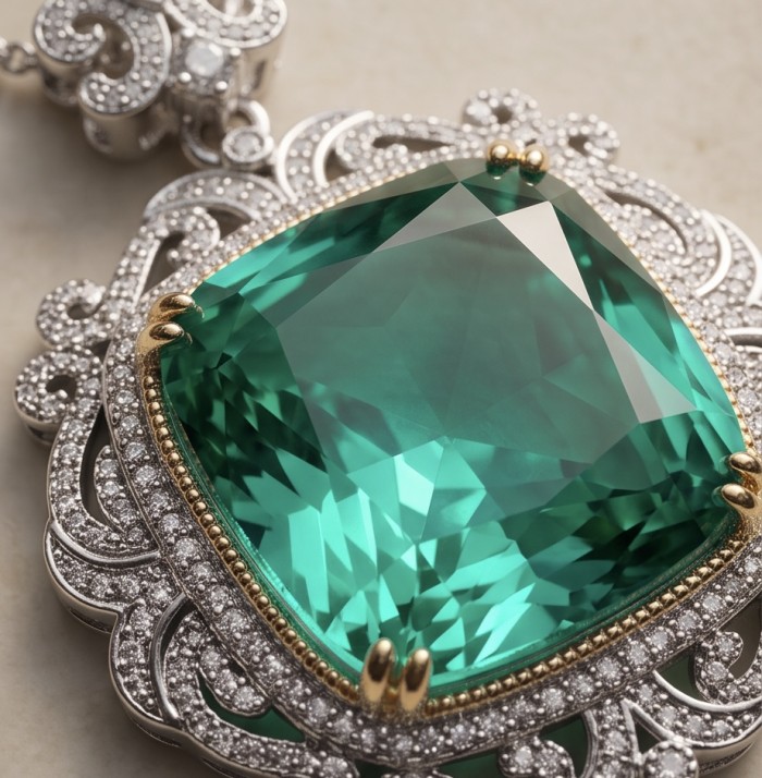 Brazilian's Briliance - emerald cut 33.7 carat Paraiba Tourmaline .925 Sterling Silver handcrafted necklace - Close-up of 33.7 carat Paraiba Tourmaline in ornate setting