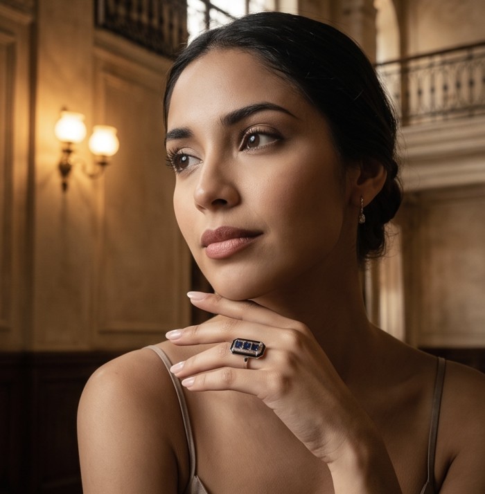 Art Deco 6.2 carat Sapphire black enamel .925 Sterling Silver handcrafted Ring size 7 - Woman wearing Art Deco sapphire ring, angled side view, elegant setting.