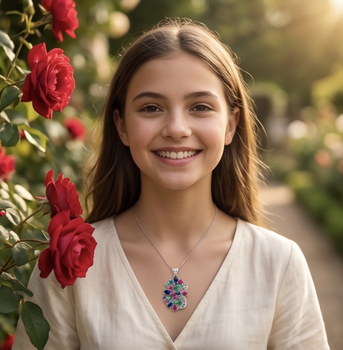 Rare creation - Deluxe 22.2 carat authentic Kashmir Ruby rhodium over .925 Sterling Silver handmade Statement Pendant - Woman wearing necklace with Kashmir ruby pendant in garden setting