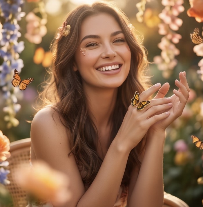 Butterfly Authentic Baltic Amber .925 Sterling Silver dipped in 18K Gold handcrafted ring; s. 8 adjustable - Butterfly amber ring on hand amid flowers and butterflies, front view.