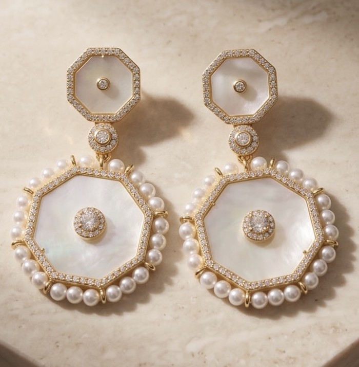 Large - Sublime Blister Pearl White Sapphire 18K Gold over .925 Sterling Silver handcrafted Earrings - Front view of large pearl and gold earrings with sapphires.