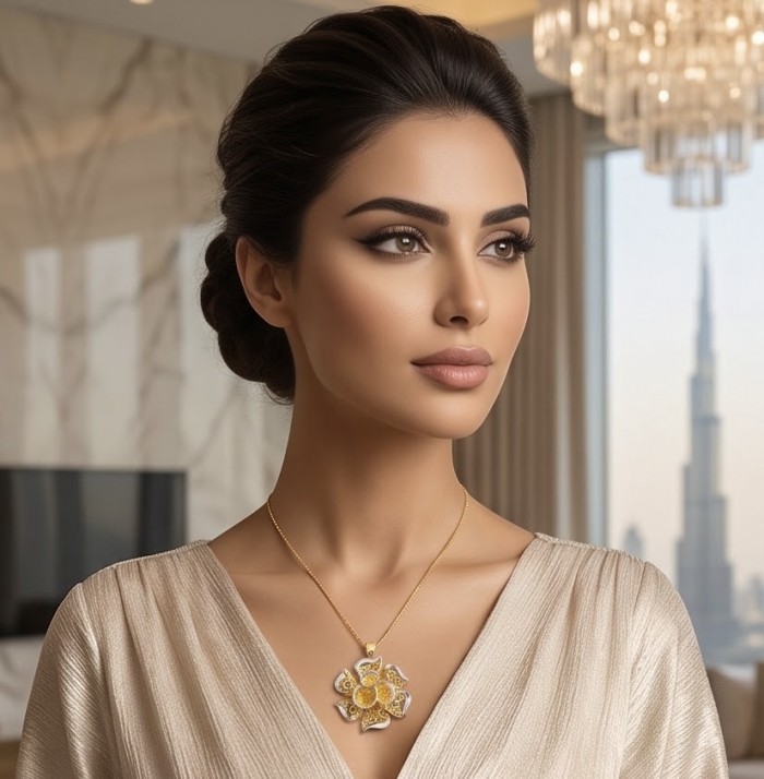 Dubai Style - Blooming Golden Rose .925 Sterling Silver dipped in 22K Gold handmade Pendant - Woman wearing Dubai Style Blooming Golden Rose necklace, front view.