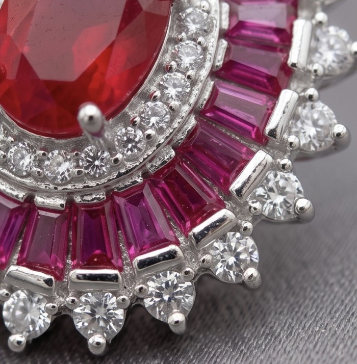 Art Deco - Genuine 3.8 carat Ruby rhodium over .925 Sterling Silver handcrafted Statement Earrings - Close-up of Art Deco ruby and diamond ring on rhodium sterling silver.