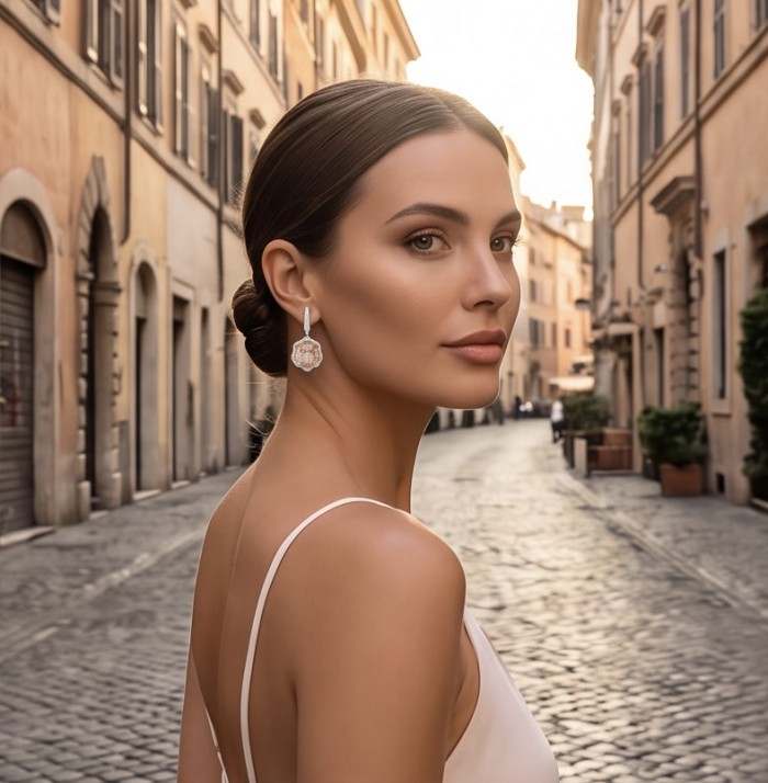 Tae Rose 11.5 carat Morganite .925 Sterling Silver handmade Statement Earrings - Side view of woman wearing Tae Rose 11.5 ct Morganite earrings.