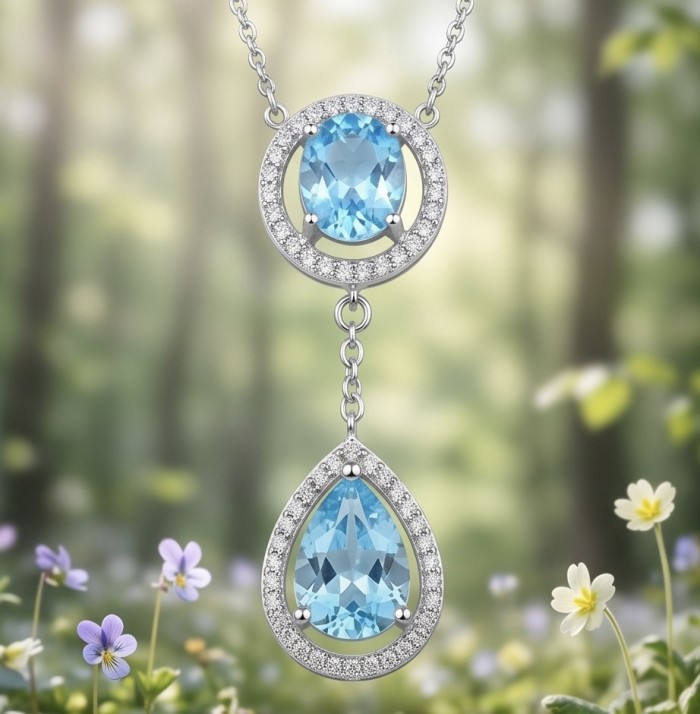 Endless Beauty 6.5 carat Swiss Blue Topaz .925 Sterling Silver Handcrafted necklace - Pendant close-up of Swiss Blue Topaz in sterling silver setting.