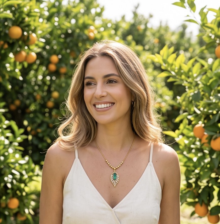 Luxurious 8.9 carat Chrome Diopside 18k Gold over .925 Sterling Silver handmade Necklace - Woman wearing Luxurious 8.9ct Chrome Diopside pendant in orange grove.