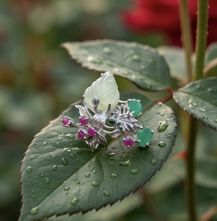 RARE BEAUTY! Valentina 28.2 carat CARVED Green Amethyst .925 Sterling Silver dipped in rhodium Statement handcrafted ring size 9 1/4 - Close-up of carved green amethyst ring on a leaf.