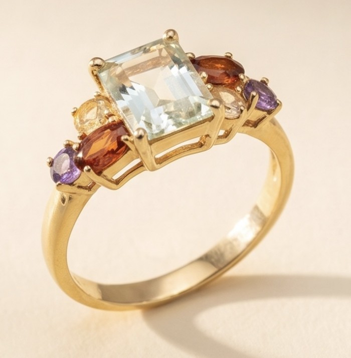 Julietta 5.2 carat Brazilian Citrine .925 Sterling Silver dipped in 18K Gold handcrafted ring; s. 8 - Side view of Julietta ring with multicolored gemstones and citrine centerpiece