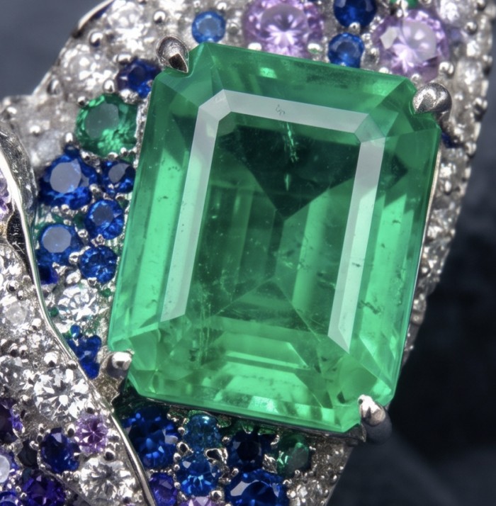 Valentina 12.2 carat Colombian Emerald .925 Sterling Silver dipped in rhodium Statement handcrafted earrings - Close-up of Valentina 12.2 carat Colombian Emerald in sterling silver.