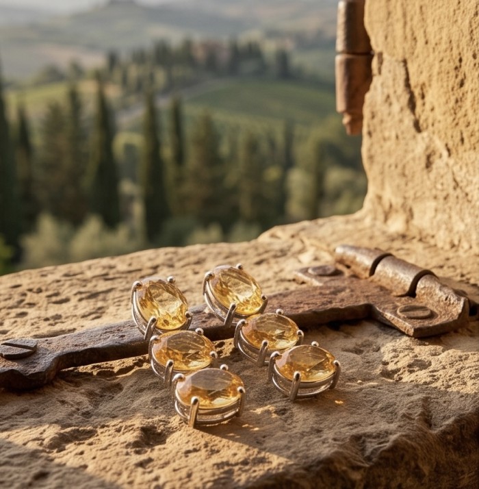 Victoria Authentic 27.2 carat Brazilian Citrine rhodium over .925 Sterling Silver brilliantly handcrafted Statement earrings - Close-up of Victoria Authentic Brazilian Citrine stones on rustic ledge