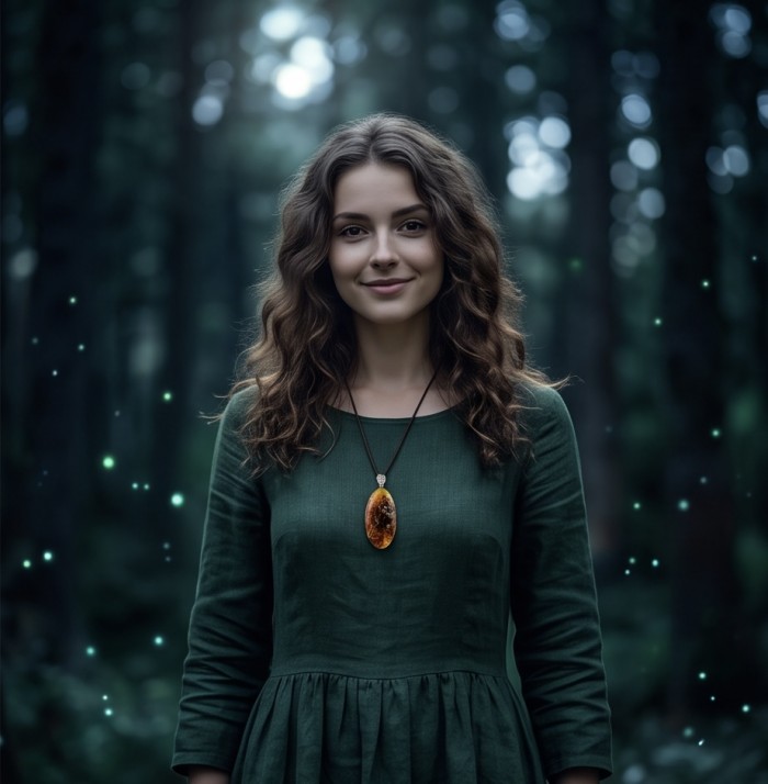 Prehistoric Authentic Golden Baltic Amber .925 Sterling Silver beautifully handcrafted Pendant - Woman wearing Prehistoric Golden Baltic Amber necklace in forest setting.