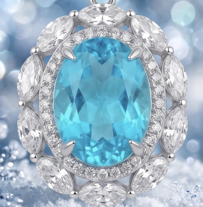 Brazilian's Briliance - oval cut 24.7 carat Paraiba Tourmaline .925 Sterling Silver handcrafted necklace - Close-up of 24.7 carat Paraiba Tourmaline pendant with diamond accents