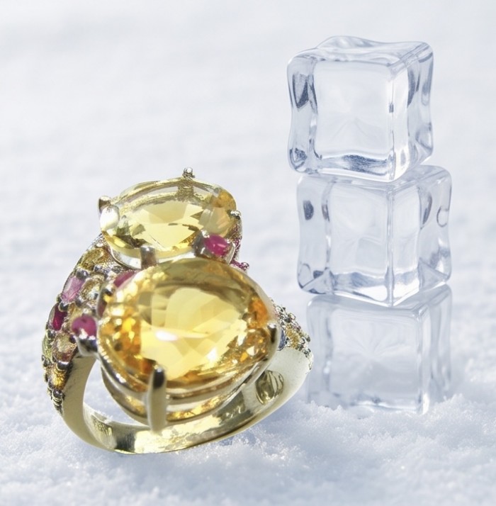 Emily 24.2 carat Brazilian Citrine .925 Sterling Silver dipped in rhodium handcrafted ring; s. 8 - Close-up of Emily ring with Brazilian Citrine on snowy background.
