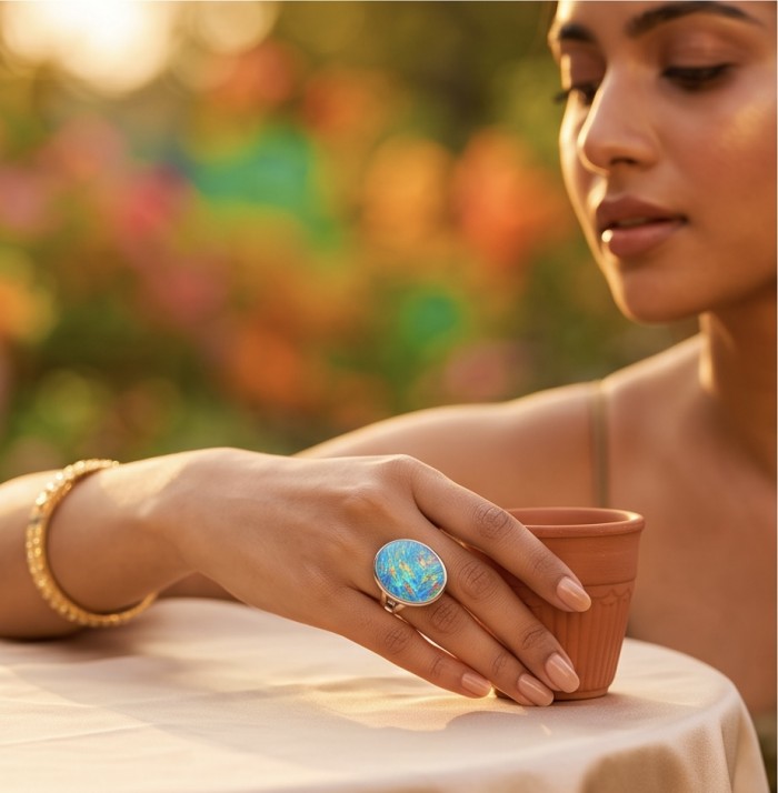 Endless Ocean Genuine 18.5 carat Australian Opal .925 Sterling Silver handmade Ring size 6 1/4 - Opal ring worn on hand holding clay cup, outdoor setting.