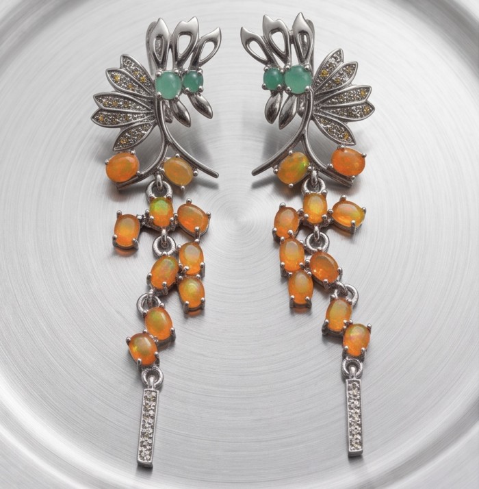 Valentina 5.9 carat Natural Orange Opal rhodium over .925 Sterling Silver handcrafted earrings - Elegant drop earrings with orange opals on silver background, top view.