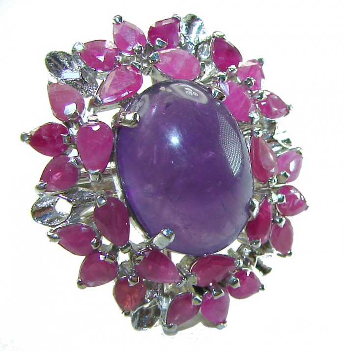 Tiffany 15.2 carat natural Amethyst Ruby .925 Sterling Silver Handcrafted Large Ring size 7 3/4 - Amethyst and ruby silver ring, front view close-up.
