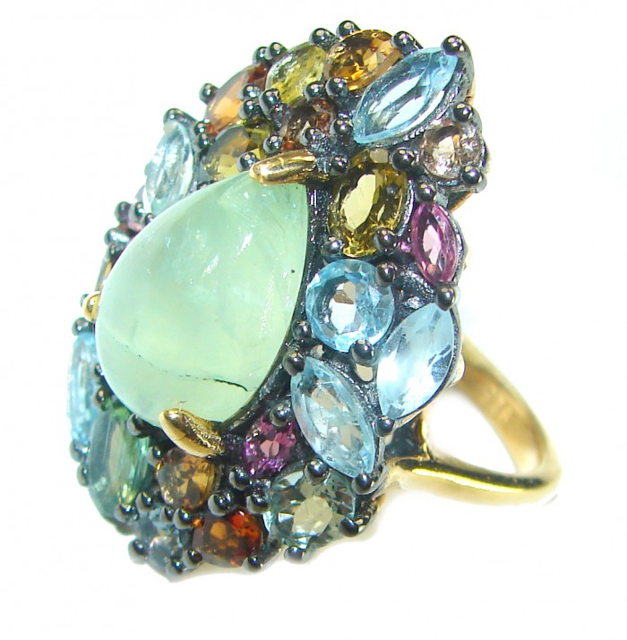 Royal quality genuine Prehnite Tourmaline 18K Gold over .925 Sterling Silver handcrafted .925 Sterling Silver handcrafted ring s. 6 1/4 - Side view of colorful gemstone ring with large Prehnite centerpiece