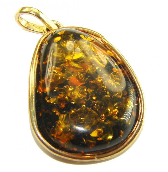 Prehistoric cognac Authentic Baltic Amber 14K Gold over.925 Sterling Silver beautifully handcrafted Pendant - Baltic amber pendant in 14K gold setting, front view close-up.