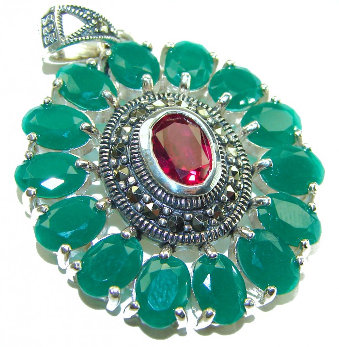 Circle of Life 15.2 carat authentic Ruby Emerald .925 Sterling Silver handmade Pendant - Close-up of "Circle of Life" pendant with ruby and emerald stones.