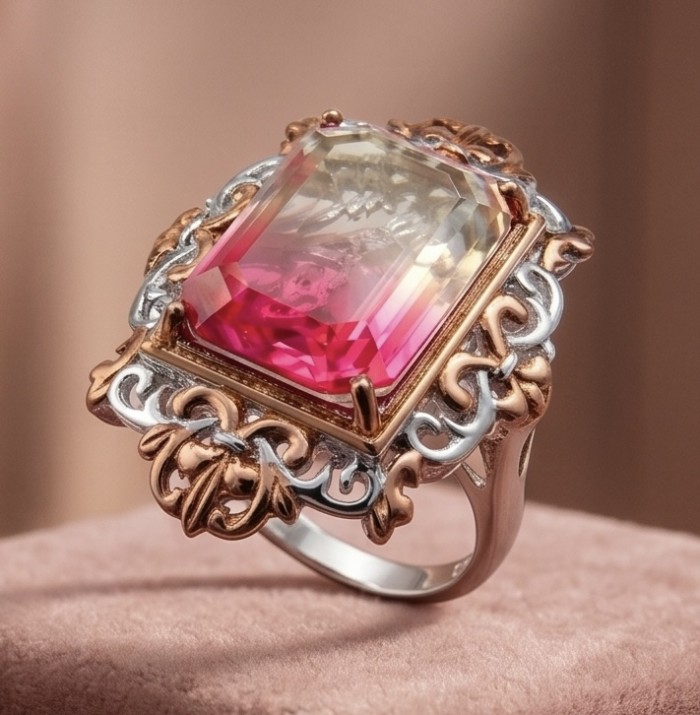 Emerald cut Ametrine 18K Gold over .925 Sterling Silver handcrafted Ring s. 8 1/4 - Emerald cut Ametrine 18K Gold over .925 Silver ring, close-up angle.