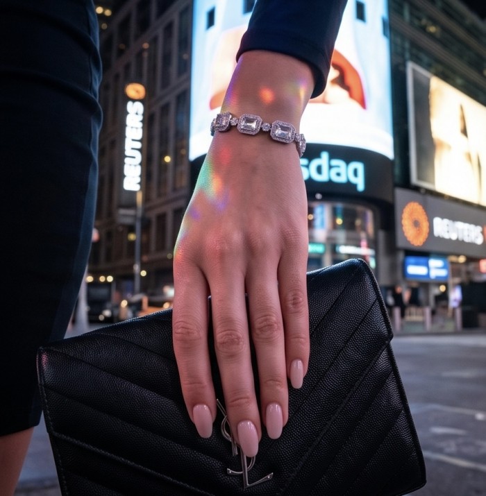 Mademoiselle 14.2 carat Moissanite .925 Sterling Silver Statement Bracelet - Bracelet worn on hand with clutch, city lights background