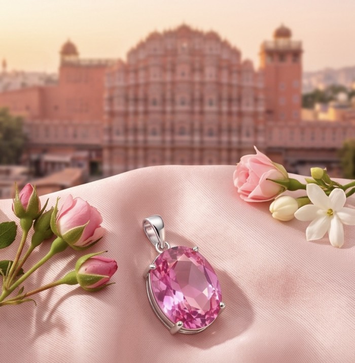 Oval cut 28.8 carat Bubblegum Pink Sapphire from Madagascar .925 Sterling Silver handcrafted pendant - Oval Bubblegum Pink Sapphire pendant on pink fabric, floral backdrop