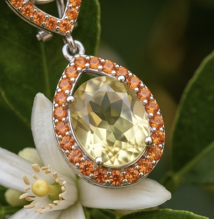 Fiesta Authentic 12.5 carat Brazilain Citrine .925 Sterling Silver dipped in Rhodium over brilliantly handcrafted earrings - Close-up of Fiesta Citrine pendant with orange stones and flower background