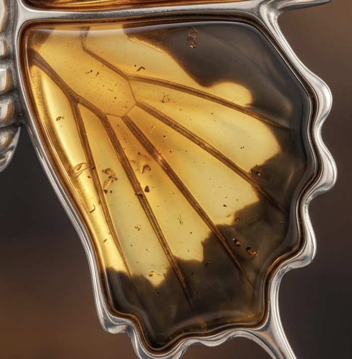 Large Golden Butterfly carved Baltic Polish Amber .925 Sterling Silver handcrafted Pendant - Close-up of carved amber wing detail in butterfly pendant.