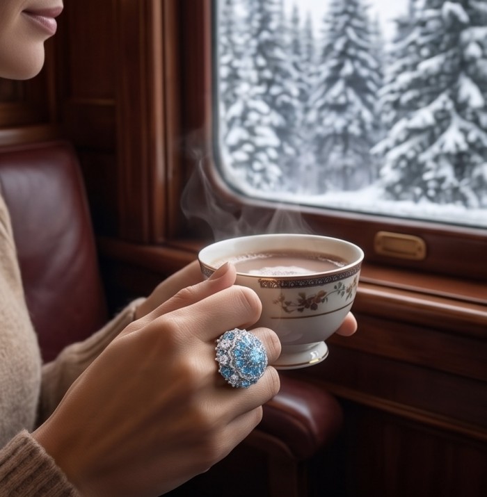 Blue Cascade Natural 14.8 carat Swiss Blue Topaz .925 Sterling Silver dipped in rhodium handmade Large Statement Ring size 7 1/4 - Blue Topaz ring worn on hand, holding a steaming cup by a snowy window.