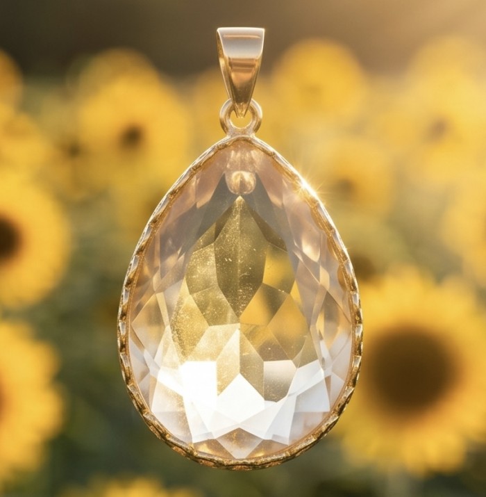 Perfection Oval cut 30.3 carat Lemon Quartz 18K Gold over .925 Sterling Silver handcrafted LARGE pendant - Close-up of Lemon Quartz pendant in 18K gold over .9 with sunflower background